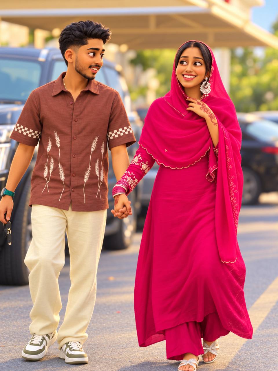 Sheena in pink and Shahil holding hands