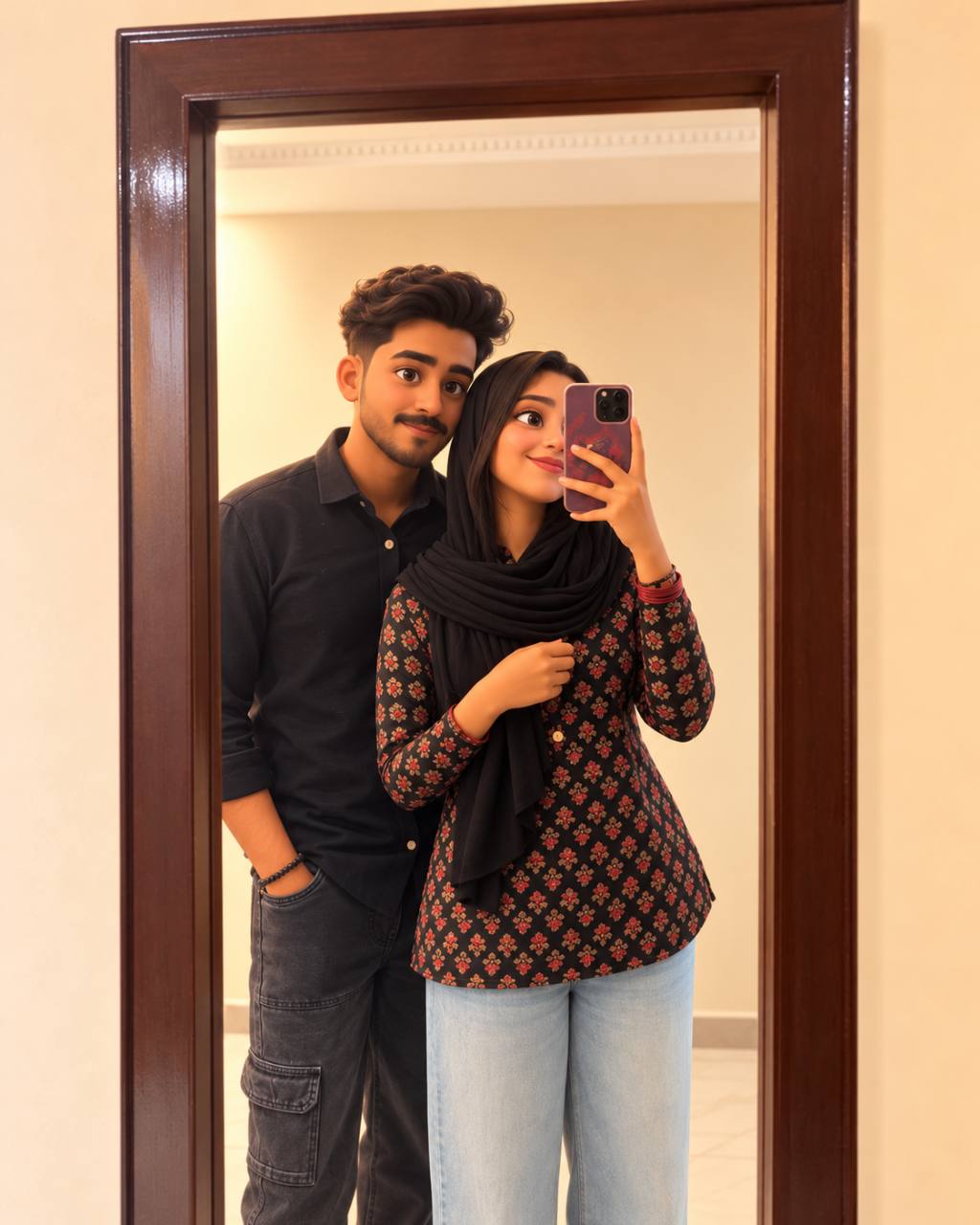 Sheena and Shahil posing together in a mirror