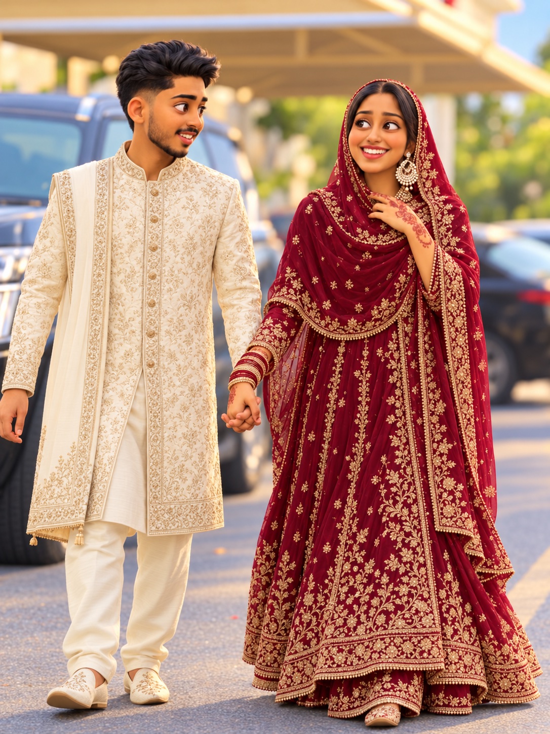 Sheena in burgundy bridal attire and Shahil in an ivory sherwani walking hand in hand