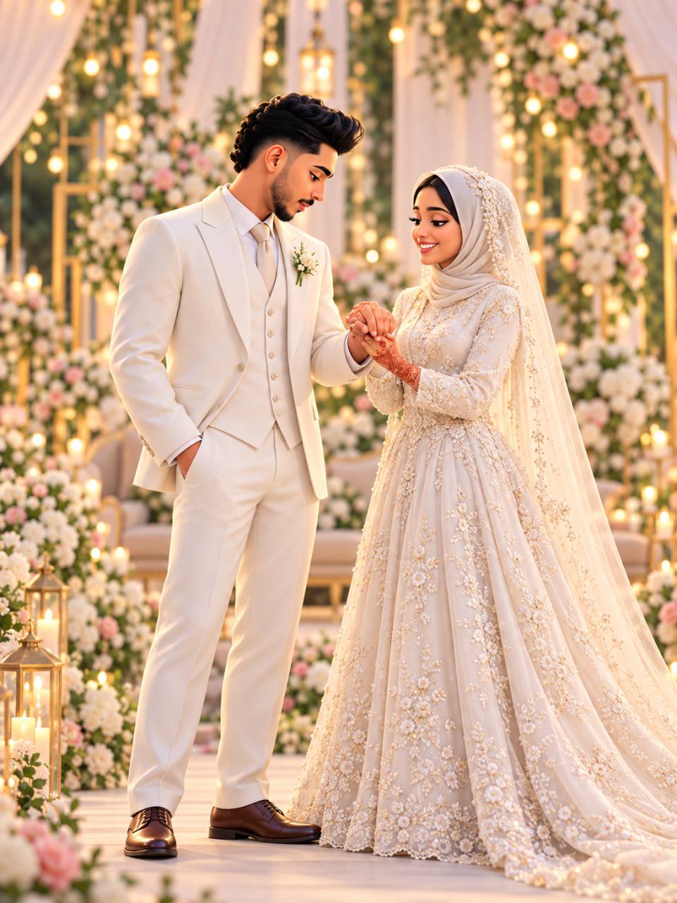 A couple in ivory wedding attire holding hands beneath flowers and warm lights