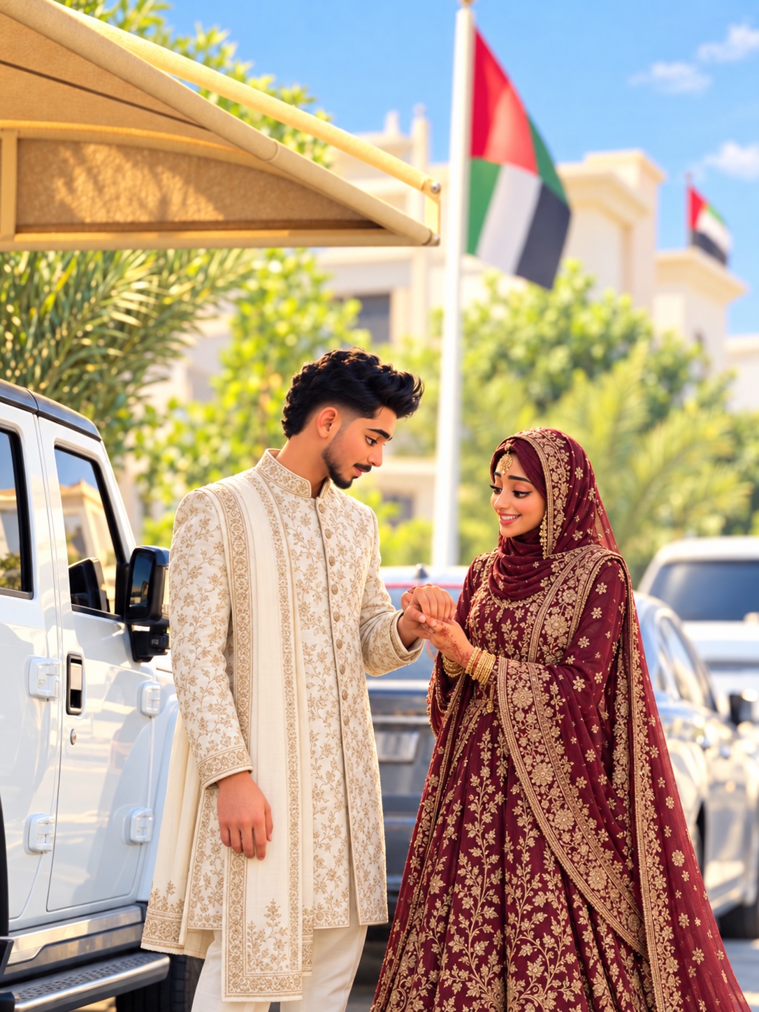 Sheena and Shahil in burgundy and ivory wedding attire sharing a smile beside a white car